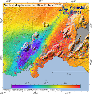 Initial estimate from 13 November of the vertical displacements caused by the dike during its initial propagation from Friday afternoon to Saturday morning. The displacements were estimated by combining ICEYE and COSMO-SkyMed pixel offset tracking results.