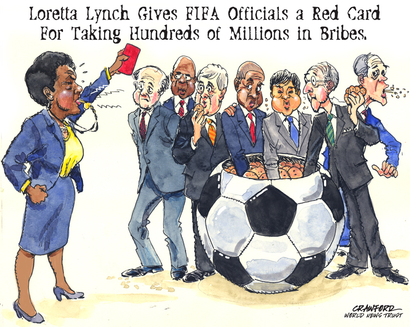 "FIFA gets a red card." Editorial cartoon by Gregory Crawford. © 2015 World News Trust.