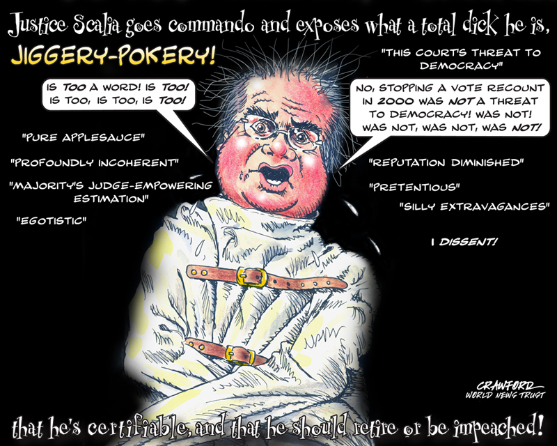 "Scalia Goes Gommando." Editorial cartoon by Gregory Crawford. © 2015 World News Trust.