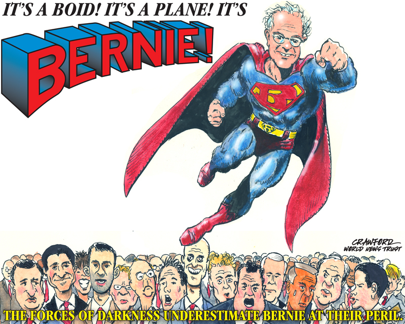 "Super Bernie." Editorial cartoon by Gregory Crawford. © 2015 World News Trust