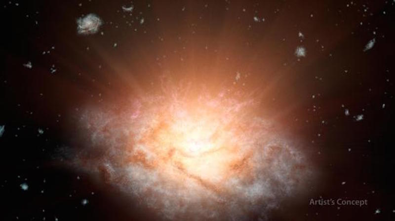 This artist's concept depicts the most luminous galaxy known in the universe. The object, which was discovered by NASA’s WISE space telescope, is called WISE J224607.57-052635.0 Credit: NASA/JPL-Caltech