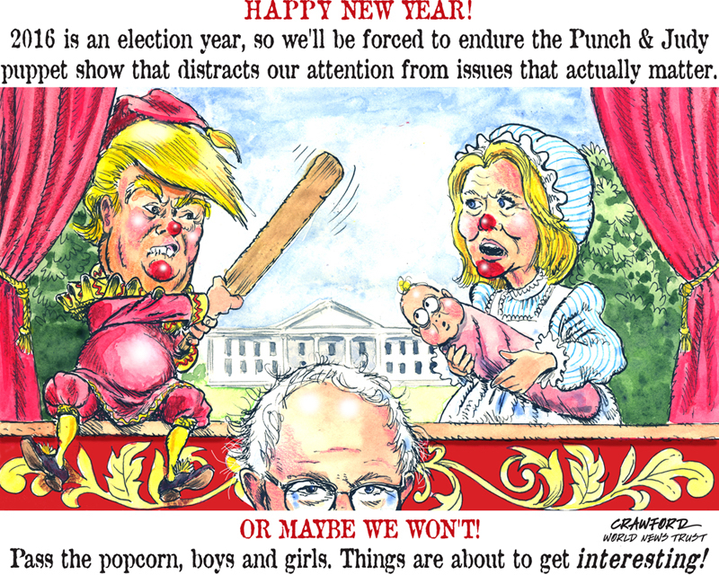 "Punch & Judy Show." Editorial cartoon by Gregory Crawford. © 2016 World News Trust.