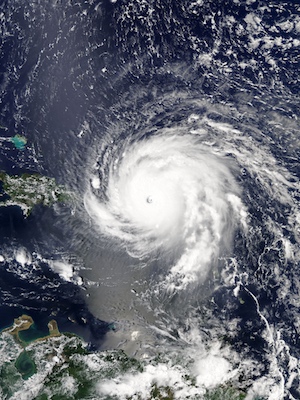 Hurricane Irma over the Virgin Islands at peak intensity on September 6, 2017 as the second most intense Atlantic hurricane on record in terms of sustained winds. MODIS image captured by NASA’s Aqua satellite - EOSDIS Worldview. Public Domain.