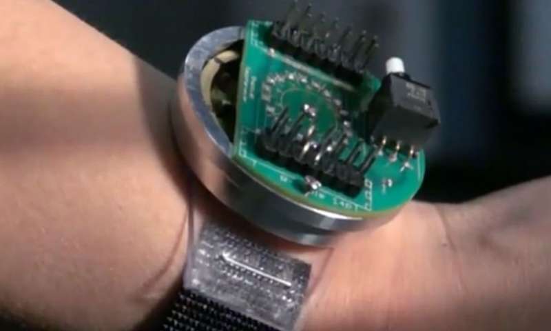 A piezoelectric energy harvester in a novel wristwatch-like device. Credit: Penn State