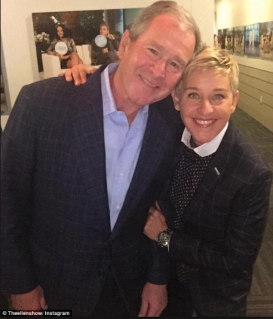 George W. Bush with Ellen Degeneres, backstage after the former President appeared on “Ellen” and was hailed by her as a good friend.