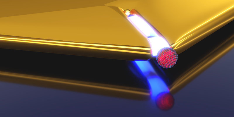 Artistic representation of a plasmonic nano-resonator realized by a narrow slit in a gold layer. Upon approaching the quantum dot (red) to the slit opening the coupling strength increases. Credit: Heiko Groß