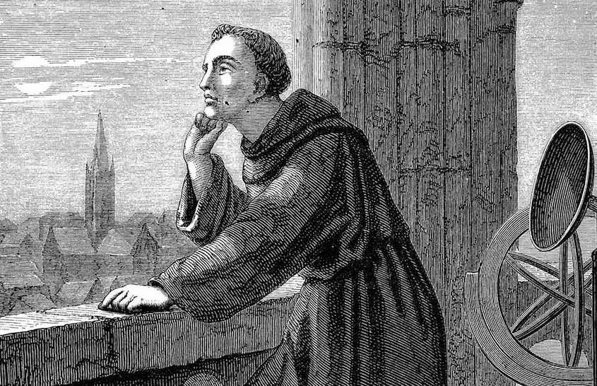Artist Jan Verhas illustrated Roger Bacon observing stars from Oxford. Astronomy was just one of the many areas of science Bacon explored as he compiled encyclopedias of scientific knowledge. Wikimedia