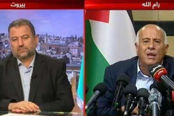 Senior Fatah official Jibril Rajoub attends by video conference a meeting with deputy Hamas chief Saleh Arouri. (Photo: Video Grab)
