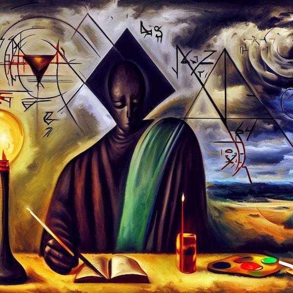 Hermit genius mathematician as surrealist painting. by Bing