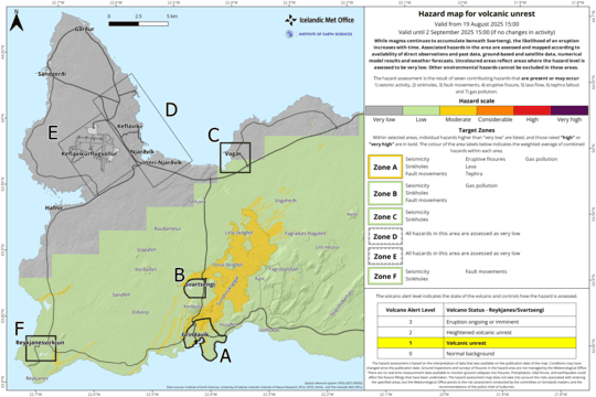 The hazard map for the area has been updated and is valid until 2 September unless conditions change. The main update is that the new lava field has been downgraded to the “some hazard” category (yellow), the same as older lava fields.