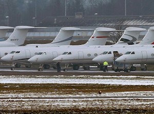 Private jets parked at Davos, where their ooccupants are emoting about climate change.